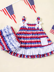 Star-spangled baby dress and ruffled shorts set with white bows and ruffled hem