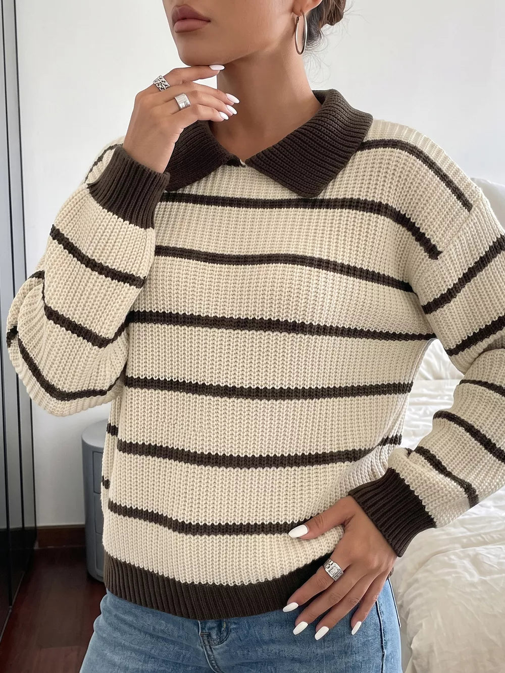 Striped Knit Polo Sweater in Tan, back view