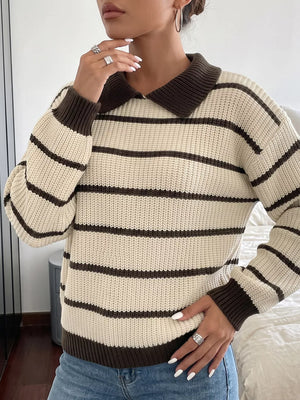 Striped Knit Polo Sweater in Tan, back view
