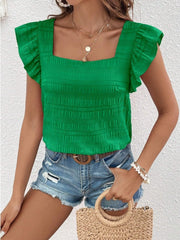 Green textured ruffle sleeve square neck blouse with smocked bodice.
