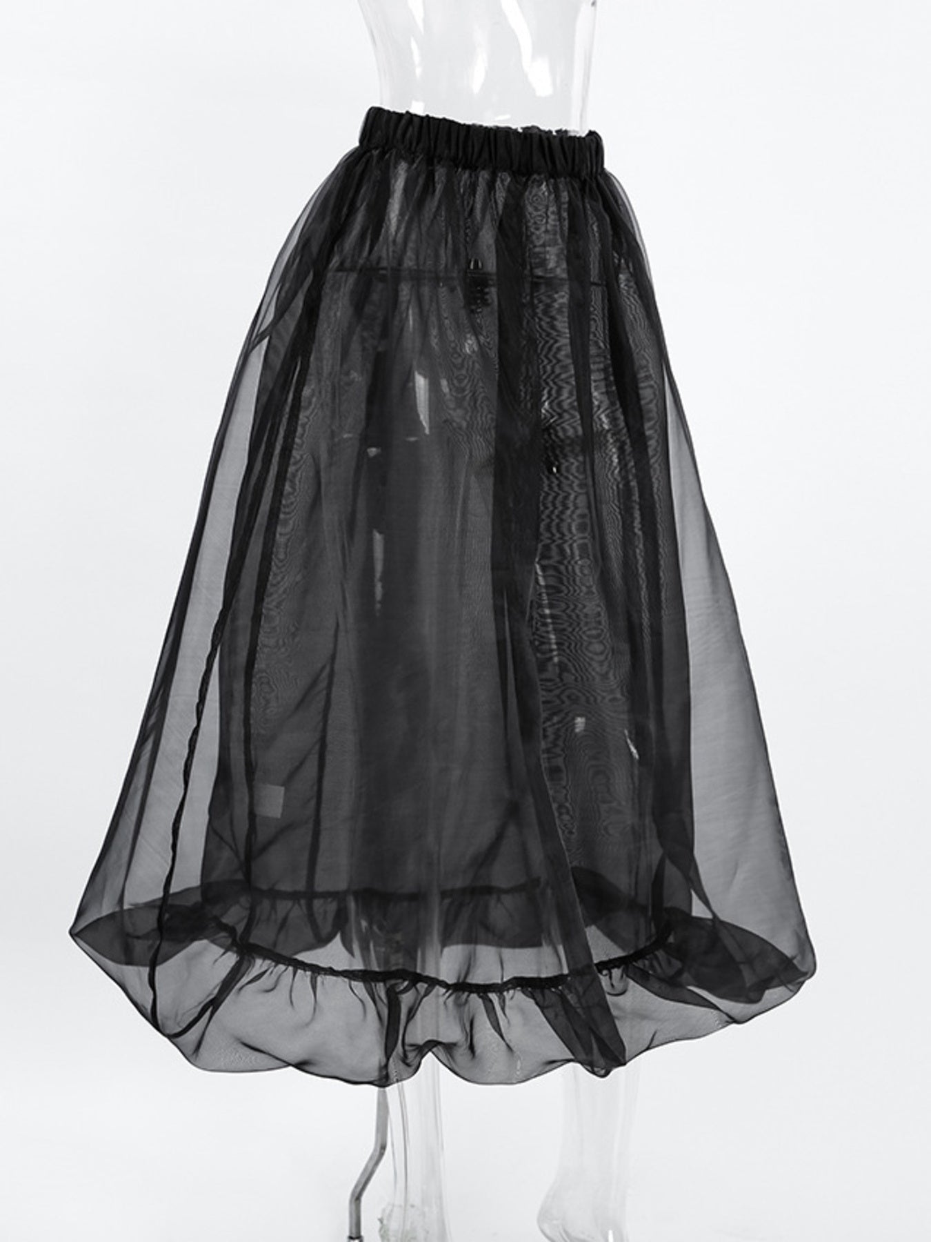 Black midi skirt with sheer overlay and ruffled hem