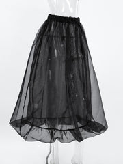 Black midi skirt with sheer overlay and ruffled hem