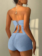 Blue crochet tube top and shorts set with lace-up back detail and drawstring waist.