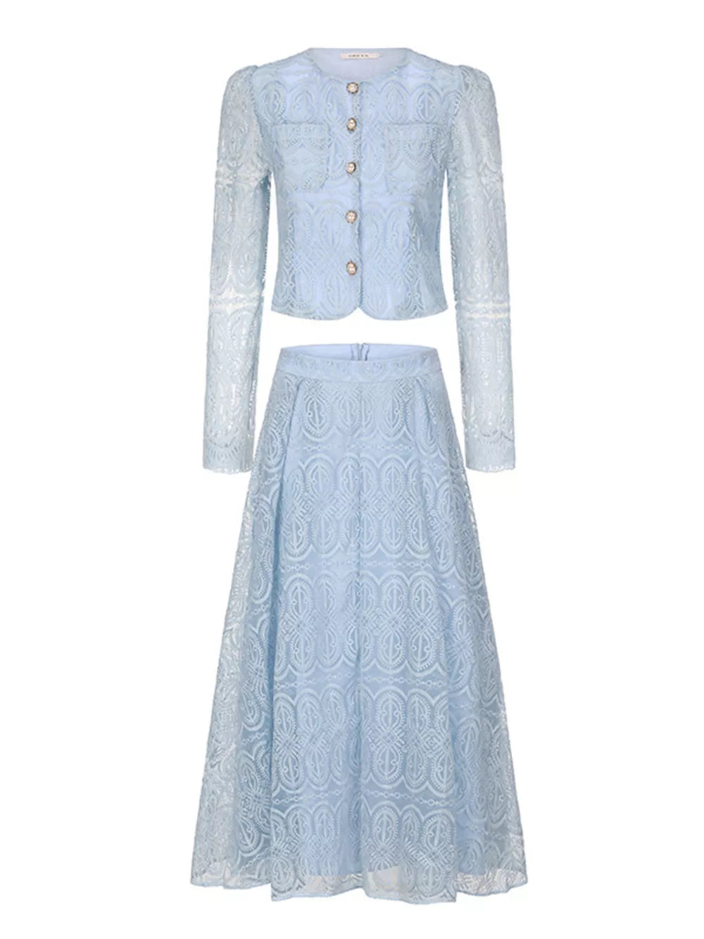Light blue lace embroidered two-piece set with button-down crop jacket and a-line skirt.