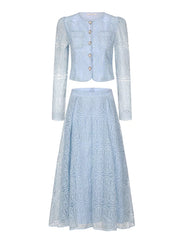 Light blue lace embroidered two-piece set with button-down crop jacket and a-line skirt.