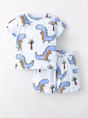 Light blue cotton toddler t-shirt and shorts set with playful blue dinosaur print and palm trees.