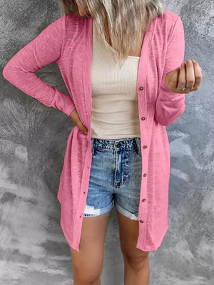 Lightweight Button-up Cardigan Plus Size in Grey, close-up detail