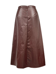 Burgundy croc-effect A-line midi skirt with a back zipper detail.
