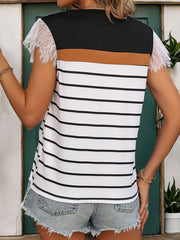 Colorblock stripe t-shirt with black yoke, brown stripe, white and black stripes, and white lace sleeves.