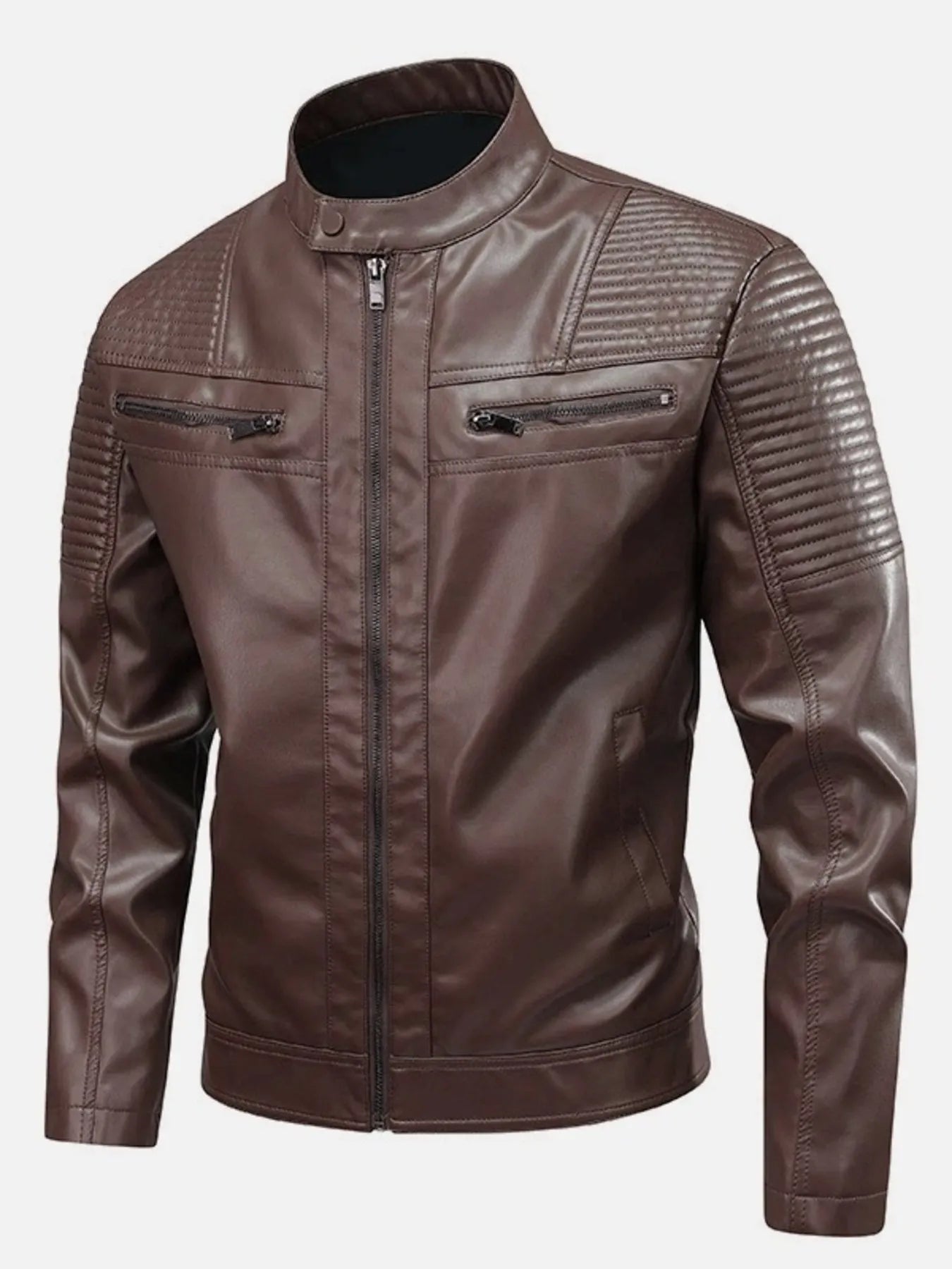 Brown leather motorcycle jacket with zip pockets and quilted shoulder details
