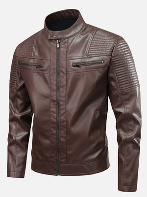 Brown leather motorcycle jacket with zip pockets and quilted shoulder details