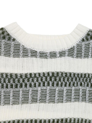 Chic contrast knit pullover sweater in white with dark green geometric pattern.