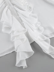 White ruffled flounce sleeve blouse with button detail