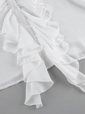 White ruffled flounce sleeve blouse with button detail