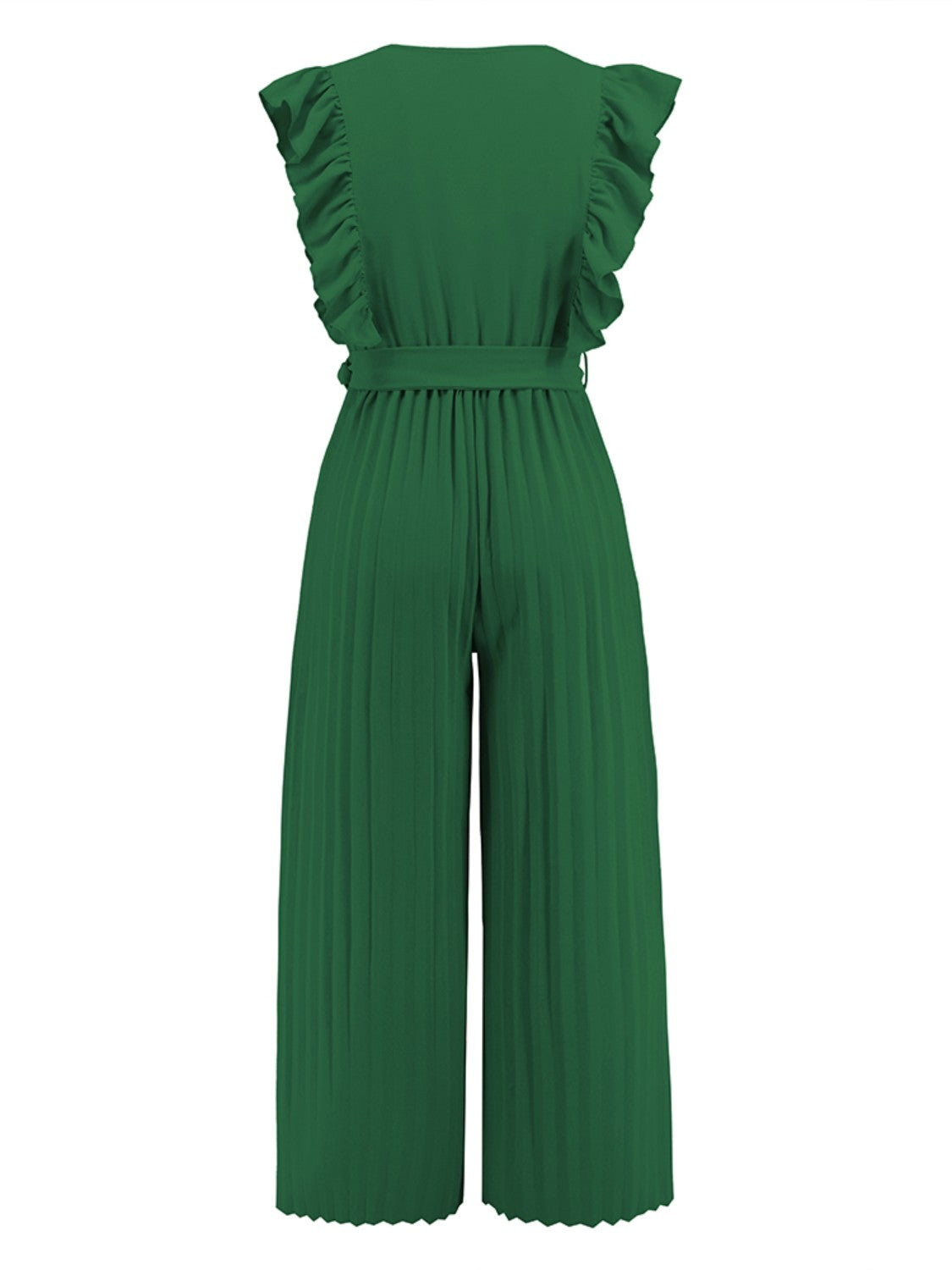 Dark green pleated ruffle wrap jumpsuit with belt