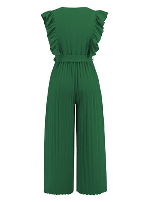 Dark green pleated ruffle wrap jumpsuit with belt