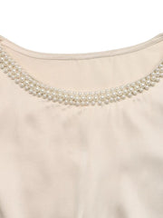 Pearl-trimmed satin bodysuit in cream with a rounded neckline.