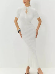 White knit mermaid swim dress with short sleeves and tied neckline