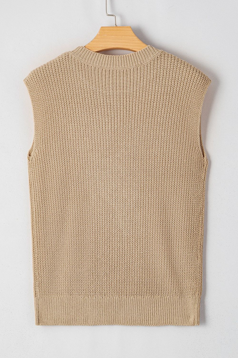 Tan knit tank top with ribbed texture and crew neck.