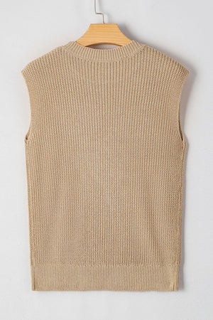 Tan knit tank top with ribbed texture and crew neck.