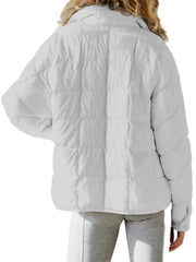 White quilted bomber jacket with stand collar and horizontal stitching detail