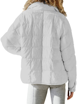 White quilted bomber jacket with stand collar and horizontal stitching detail