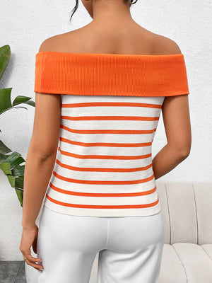 Off-shoulder striped knit top with orange ribbed neckline and white body.