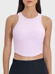Blush pink ribbed racerback active tank top with round neckline