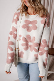 Textured floral knit pullover sweater in white with pink fuzzy flowers, crewneck, long sleeves.