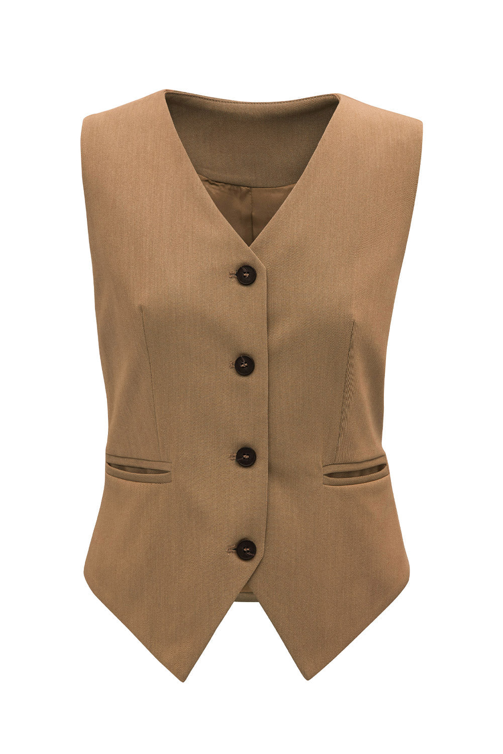 Camel V-neck button-down vest with two front pockets and dark buttons.