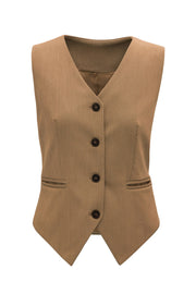 Camel V-neck button-down vest with two front pockets and dark buttons.