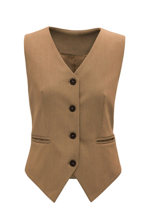 Camel V-neck button-down vest with two front pockets and dark buttons.