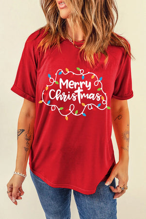 Red round neck t-shirt with Merry Christmas lights graphic.