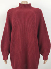 Deep Red ribbed knit cocoon turtleneck dress with balloon sleeves.