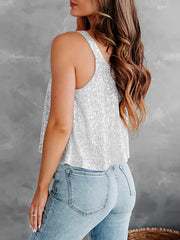 Sequin-embellished flounce tank top in silver, featuring a scoop neckline and sleeveless design.