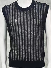 Black textured stripe knit tank top with distressed vertical details and a crew neck.