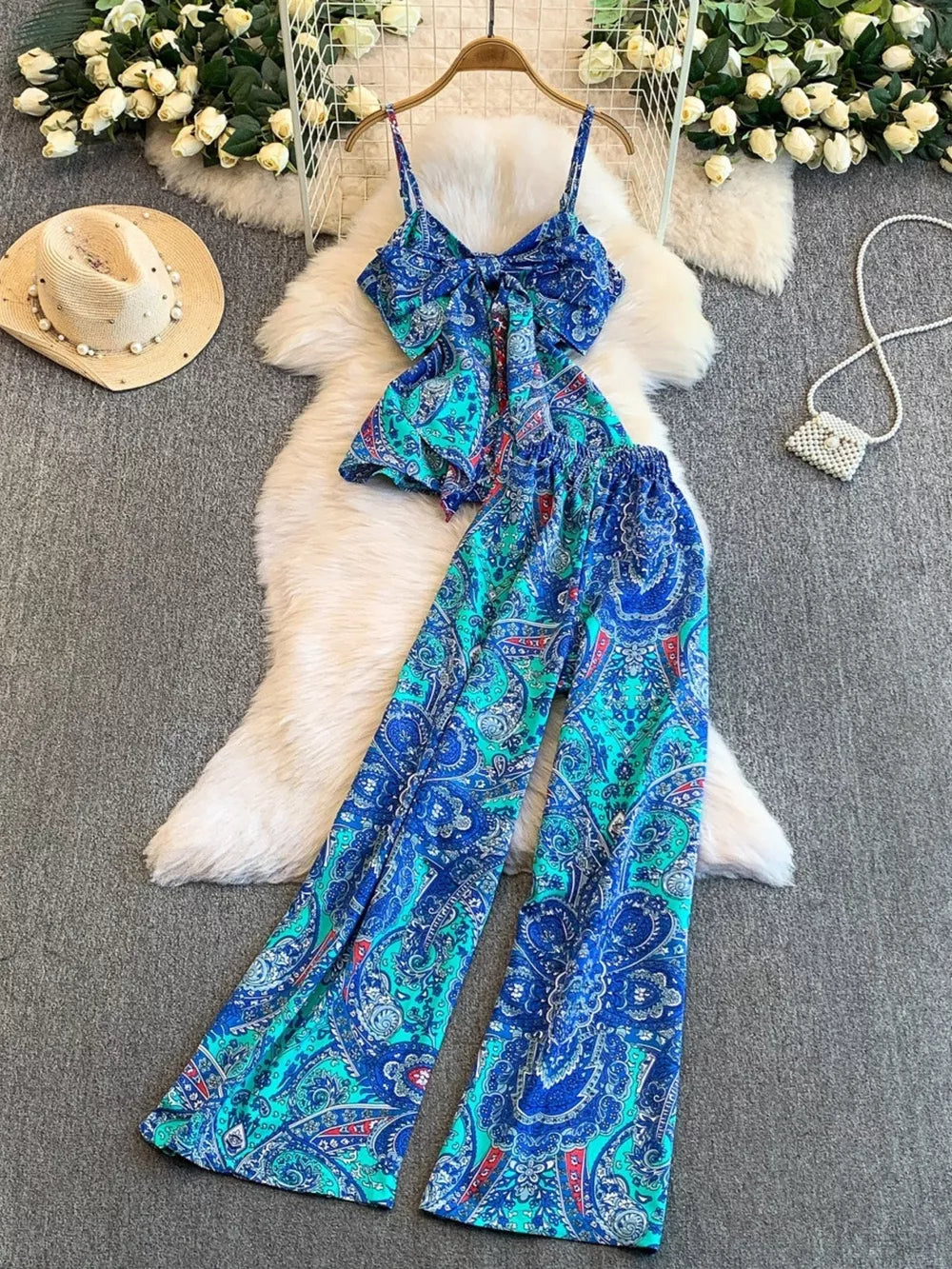 Royal blue paisley print cami with bow detail and wide-leg pants set