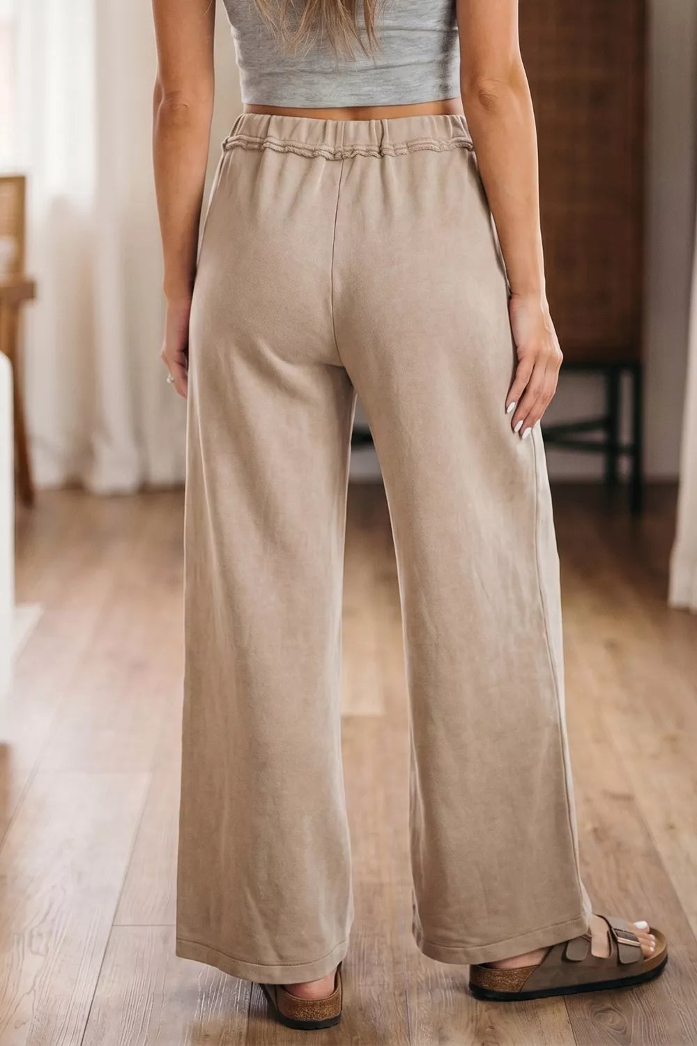Mineral wash high-waist wide leg cotton maternity pants in beige with elastic waist