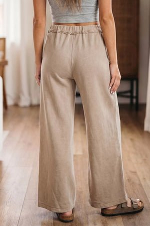 Mineral wash high-waist wide leg cotton maternity pants in beige with elastic waist