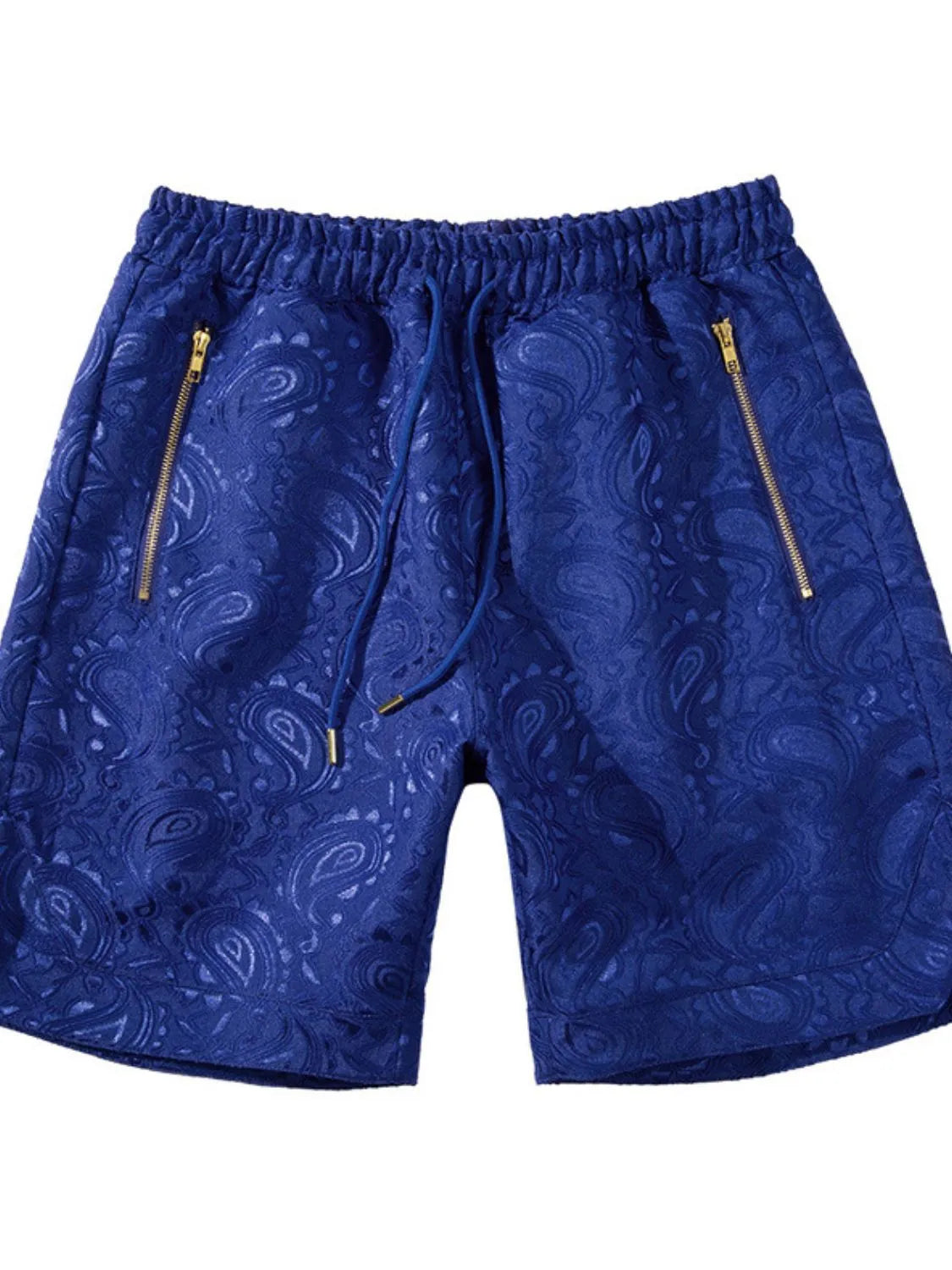 Royal blue jacquard paisley shorts with zip pockets and drawstring waist