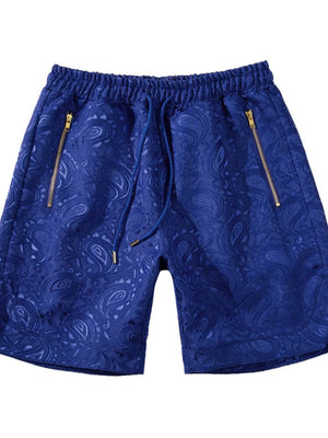 Royal blue jacquard paisley shorts with zip pockets and drawstring waist