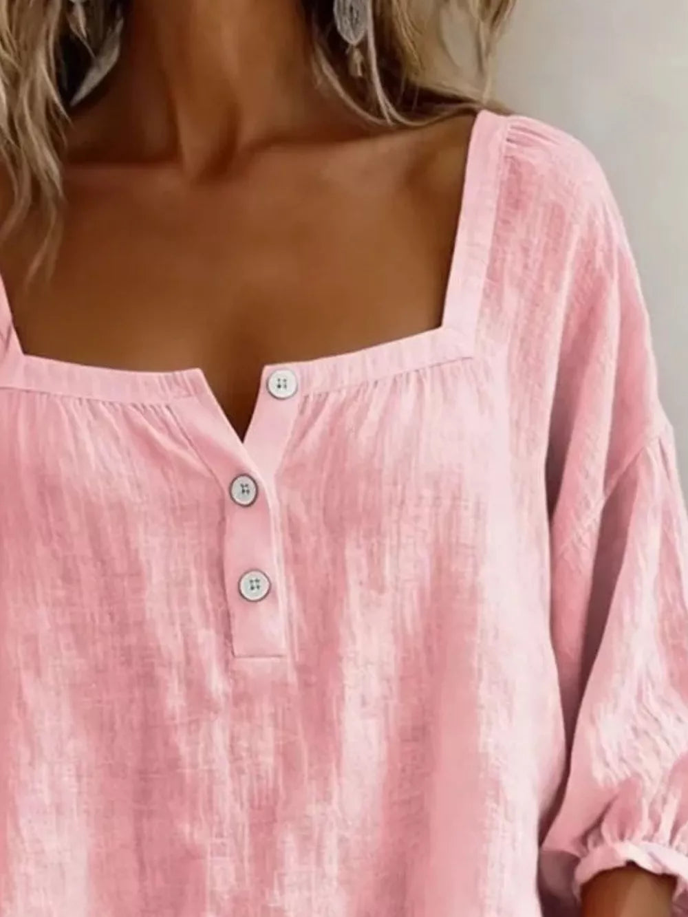 Full Size Square Neck Button Detail Blouse, fit detail