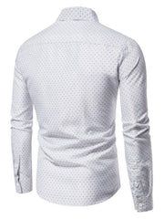 White cotton slim fit shirt with micro-dot pattern and button-up front.