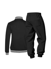 Black striped two-piece tracksuit set with ribbed collar and cuffs.