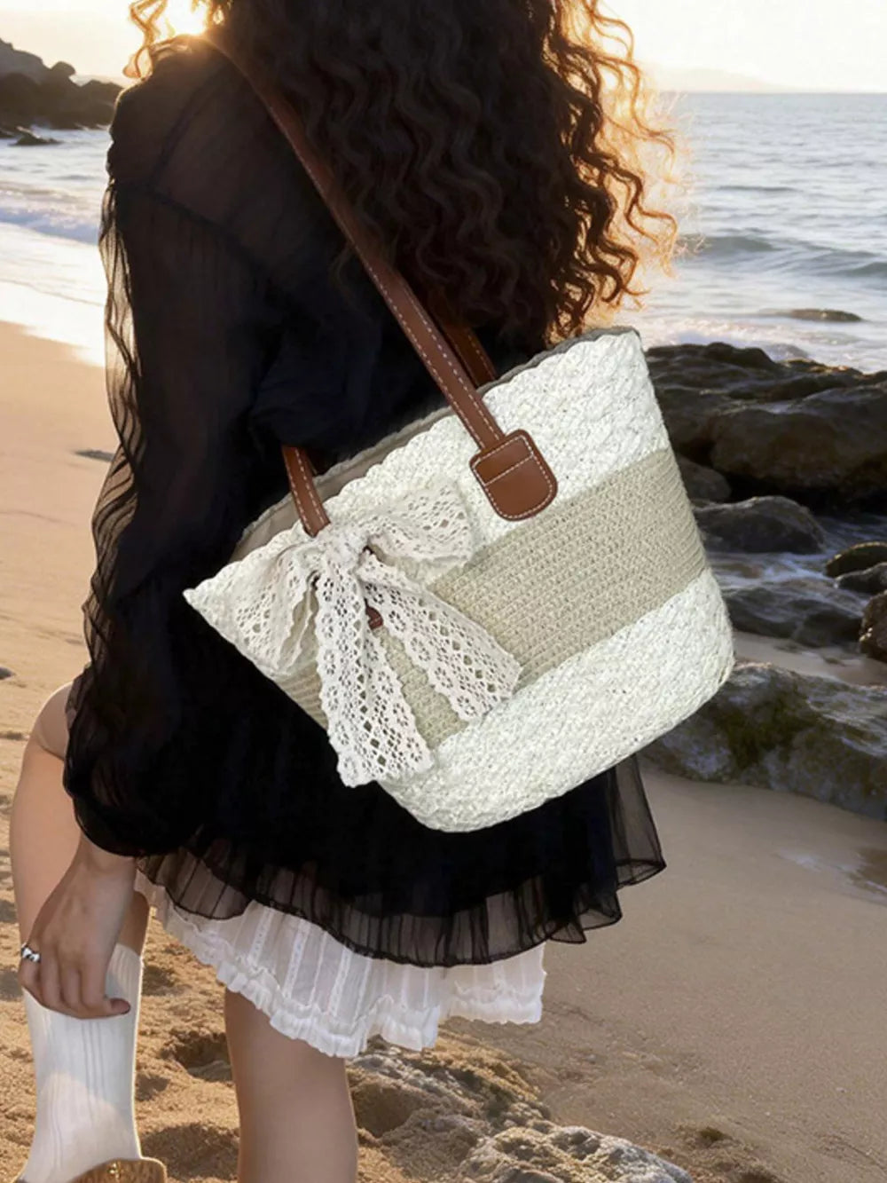 Lace Trimmed Straw Shoulder Bag in Cream White, side view