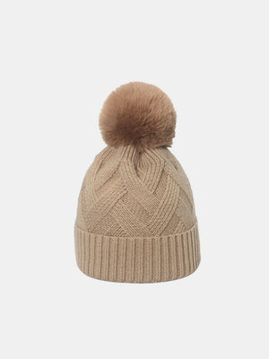 Camel cable knit beanie with pompom and ribbed cuff