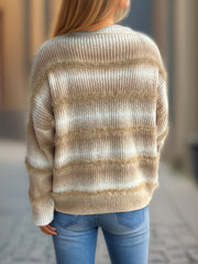 Ombre stripe fluffy knit crewneck jumper in tan and white with fuzzy textured stripes.
