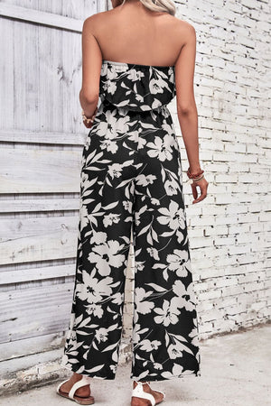 Black floral ruffle bandeau palazzo jumpsuit with wide legs