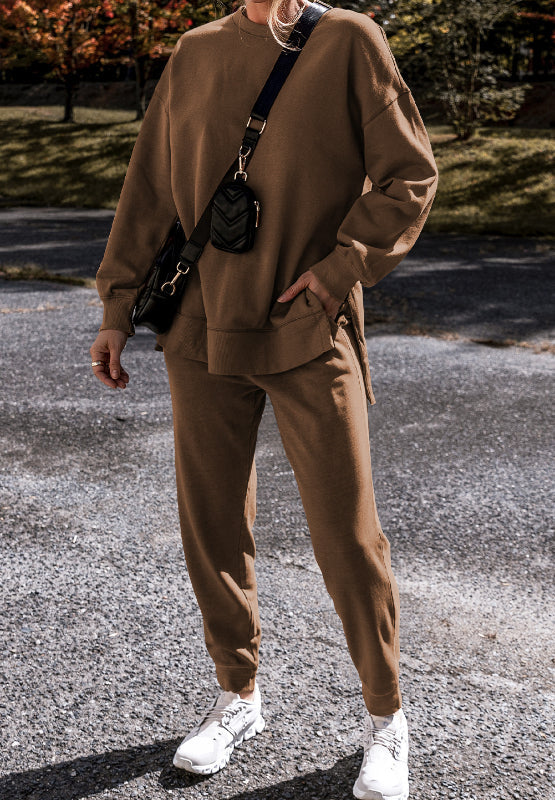 Relaxed fit coffee brown loungewear set with side slits on top and joggers.