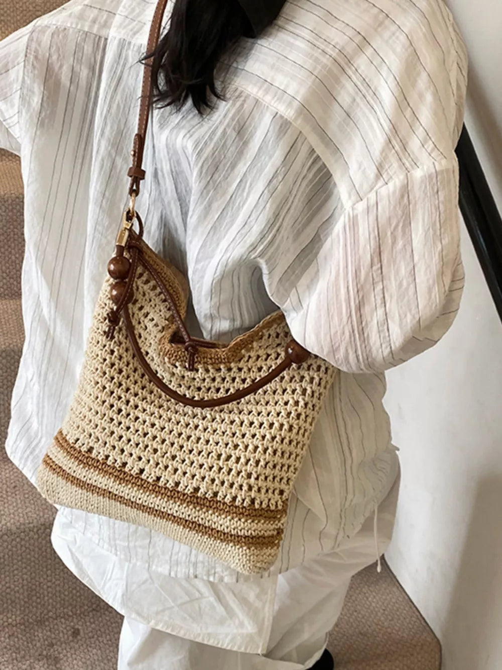 Crochet Knit Shoulder Bag in Beige, front view